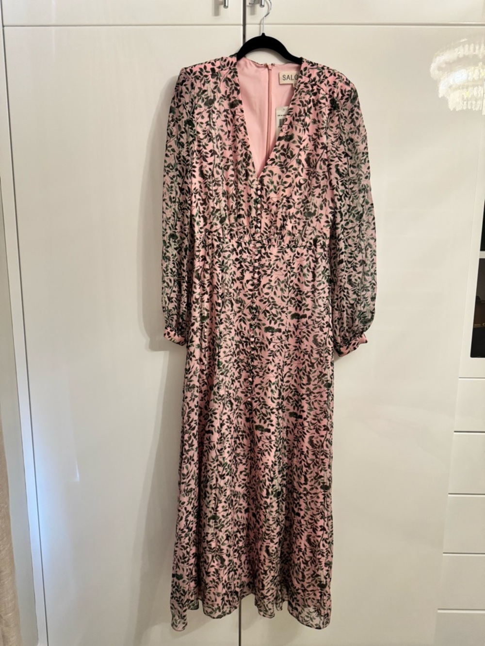 SALONI Pink and Black Floral V-Neck Long Sleeve Maxi Dress